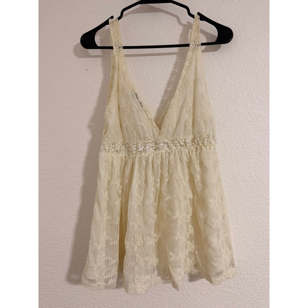 Y2K Cream Floral Lace Babydoll Empire Waist Lined Boho Top M Fairycore Cottage